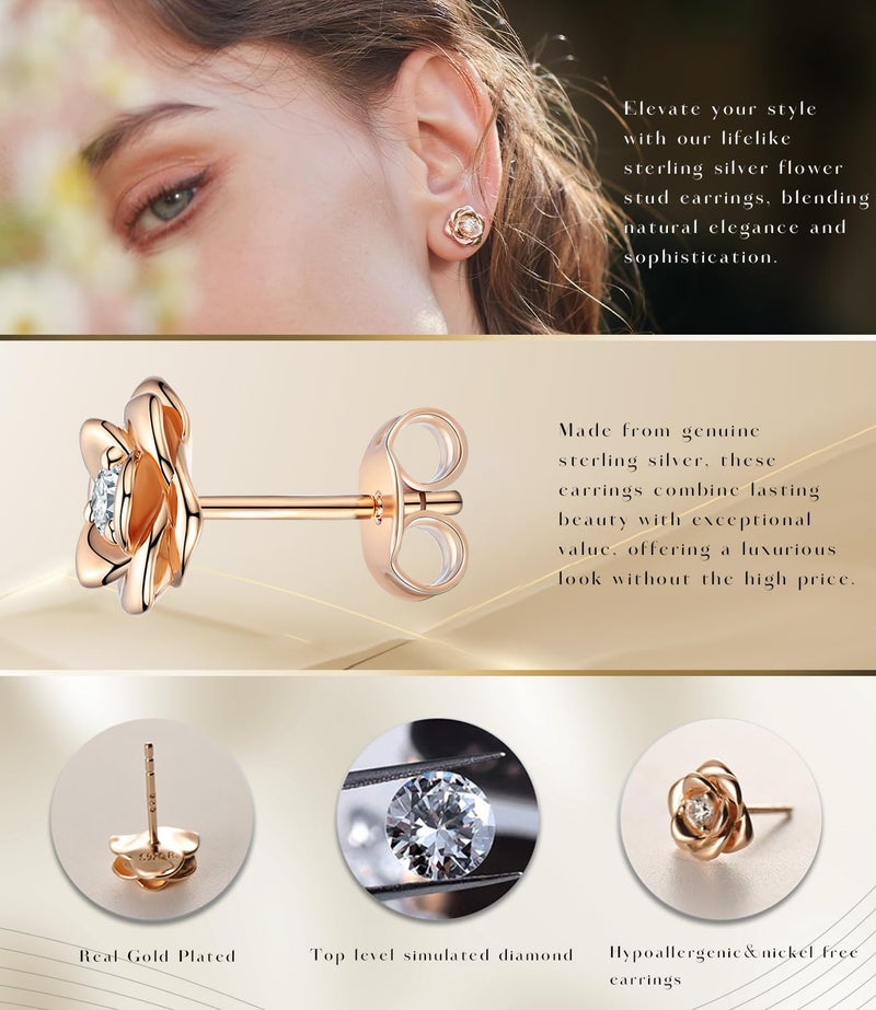 Raneecoco Rose Gold Plated Sterling Silver Rose Flower Earring Studs, Hypoallergenic & Nickel Free Earrings for Women(9mm) - Image 3