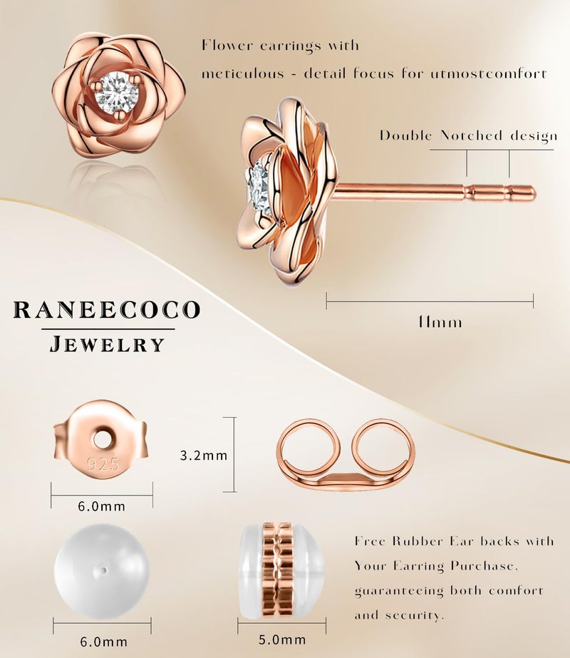 Raneecoco Rose Gold Plated Sterling Silver Rose Flower Earring Studs, Hypoallergenic & Nickel Free Earrings for Women(9mm) - Image 5