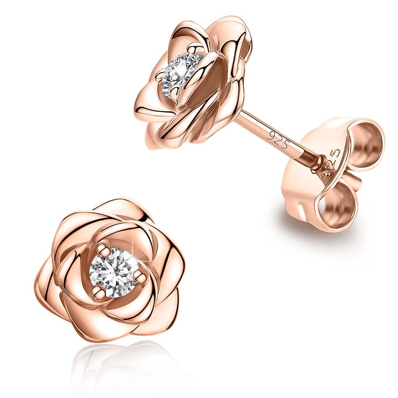 Raneecoco Rose Gold Plated Sterling Silver Rose Flower Earring Studs, Hypoallergenic & Nickel Free Earrings for Women(9mm) - Image 1
