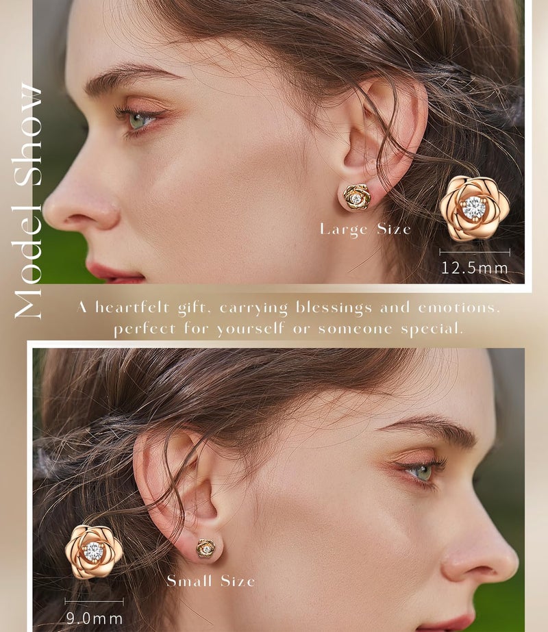 Raneecoco Rose Gold Plated Sterling Silver Rose Flower Earring Studs, Hypoallergenic & Nickel Free Earrings for Women(9mm) - Image 4