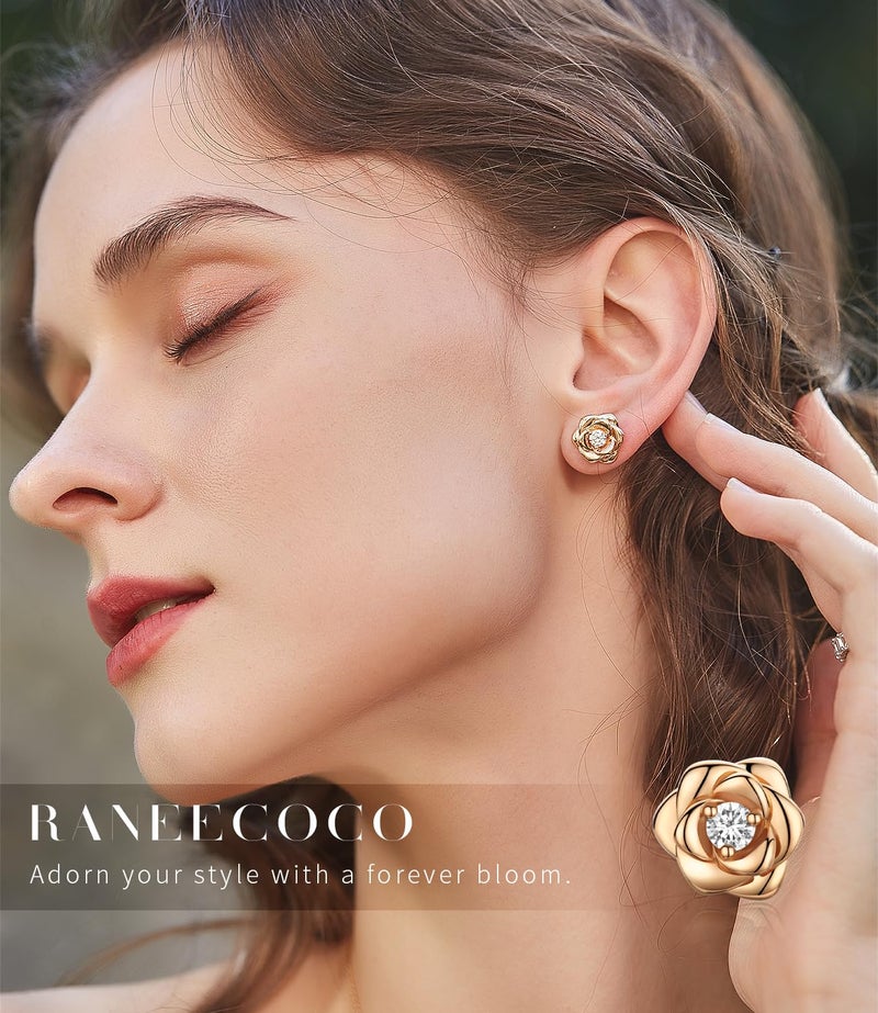 Raneecoco Rose Gold Plated Sterling Silver Rose Flower Earring Studs, Hypoallergenic & Nickel Free Earrings for Women(9mm) - Image 2