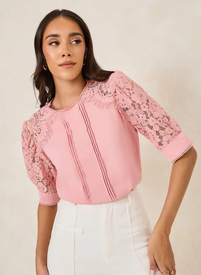 Styli Lace Detail Sleeves Pintuck Blouse with Tie Back