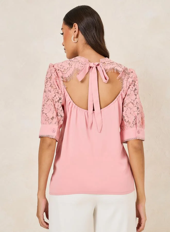 Styli Lace Detail Sleeves Pintuck Blouse with Tie Back
