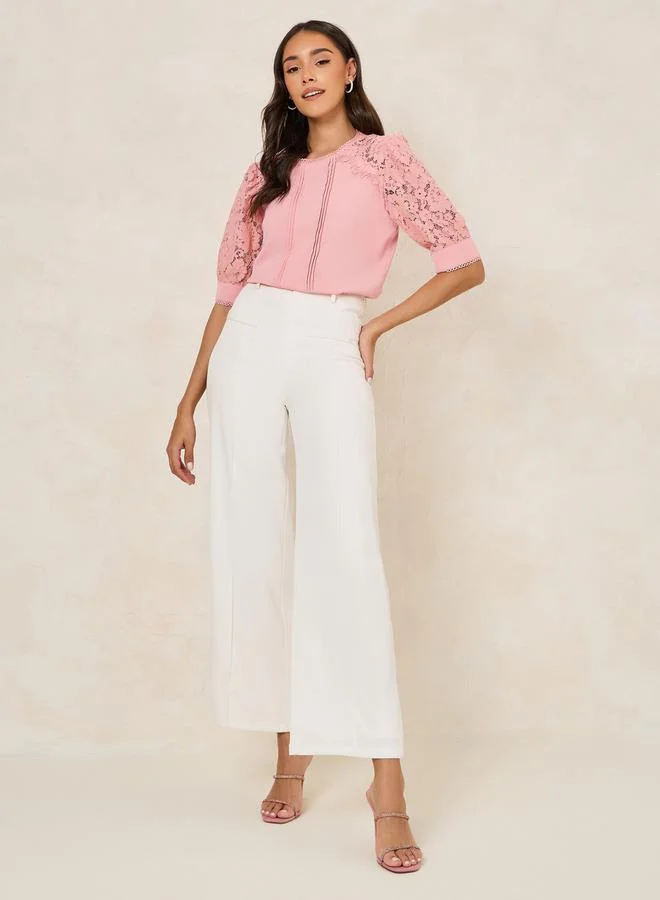 Styli Lace Detail Sleeves Pintuck Blouse with Tie Back