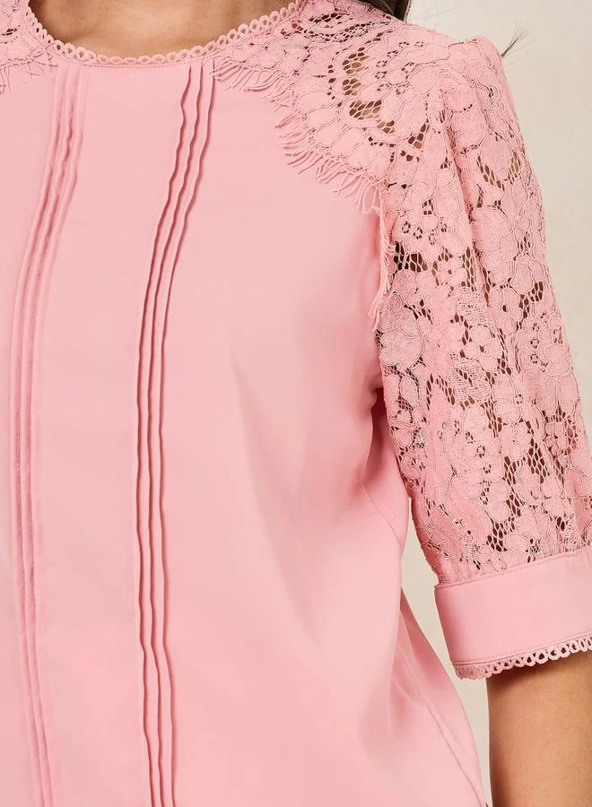 Styli Lace Detail Sleeves Pintuck Blouse with Tie Back