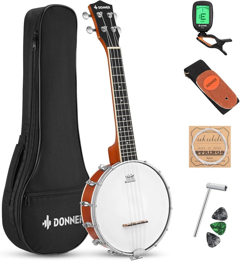 Donner Banjolele 4 String Banjo Ukulele kit Stringed Musical Instruments for Adult Beginner with Banjo Tuners, Gig Bag, Picks, Skeleton 23 Inch Sapele - Image 1