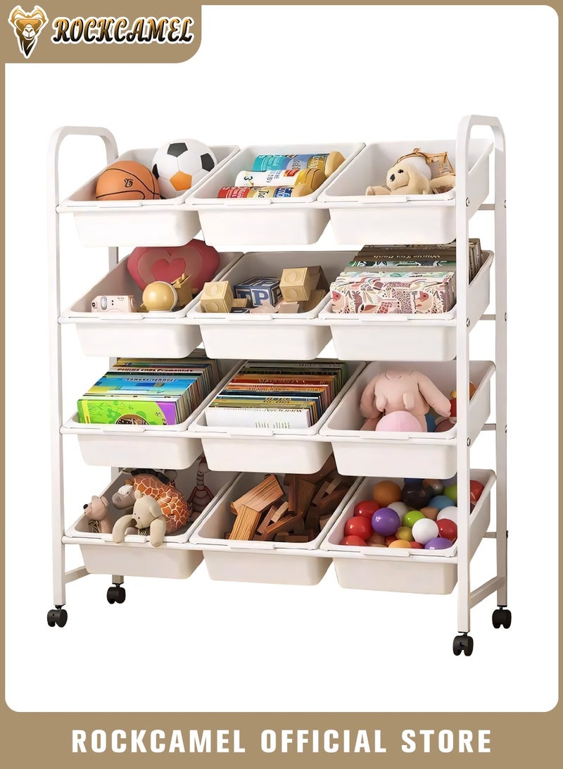 ROCKCAMEL Multi-Bin Toy Organizer, 4-Tier Shelves Kids Toy Storage Organizer with 12 Removable Storage Bins, Large Capacity Kids Storage Shelf, Movable & Space-Saving Design for Kids Room Nursery Playroom (89*33*117cm) - Image 1