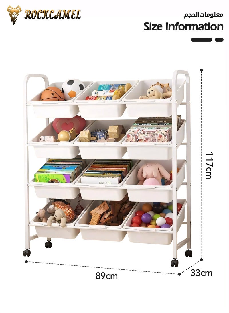ROCKCAMEL Multi-Bin Toy Organizer, 4-Tier Shelves Kids Toy Storage Organizer with 12 Removable Storage Bins, Large Capacity Kids Storage Shelf, Movable & Space-Saving Design for Kids Room Nursery Playroom (89*33*117cm) - Image 4