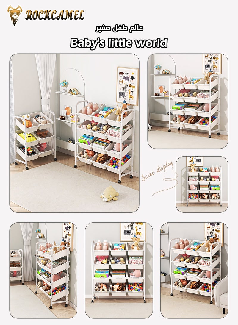 ROCKCAMEL Multi-Bin Toy Organizer, 4-Tier Shelves Kids Toy Storage Organizer with 12 Removable Storage Bins, Large Capacity Kids Storage Shelf, Movable & Space-Saving Design for Kids Room Nursery Playroom (89*33*117cm) - Image 5