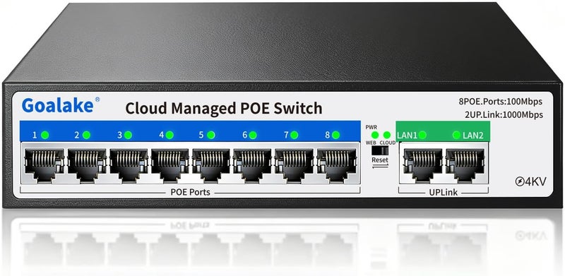 Goalake 10-Port PoE Switch (8 PoE Ports@120W Built-in Power, 2 Uplink) with Extend Function, Managed Ethernet Switch, Plug & Play, Fanless Metal Design, VLAN, Qos,Desktop/Wall Mount - Image 1