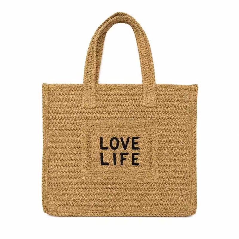 Hand Woven Natural Raffia Paper Straw Large Tote Bag With Love Life Printed- Brown