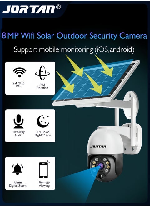 8MP واي فاي كاميرا الأمن الشمسية في الهواء الطلق اللاسلكية منخفضة استهلاك الطاقة كاميرا المراقبة مع لوحة للطاقة الشمسية وكشف الحركة PIR والكشف المزدوج الميكروويف والتحكم عن بعد و 2-طريقة الصوت