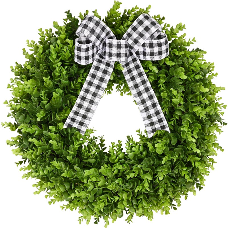 Vlorart 24" Faux Round Boxwood Wreath, Artificial Boxwood Wreath Front Door Wreaths Artificial Spring Summer Greenery Hanging with A Plaid Bow and sash for Front Door Wall Hanging Window Wedding Decor - Image 1