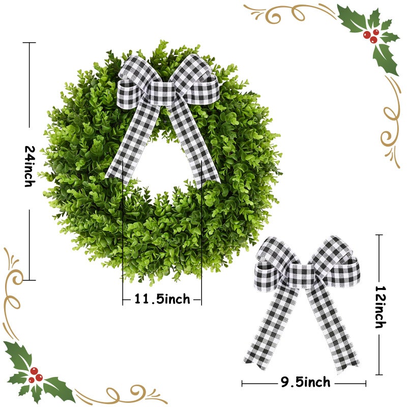Vlorart 24" Faux Round Boxwood Wreath, Artificial Boxwood Wreath Front Door Wreaths Artificial Spring Summer Greenery Hanging with A Plaid Bow and sash for Front Door Wall Hanging Window Wedding Decor - Image 2