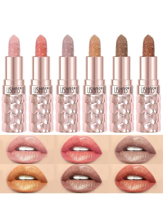 Ushas USHAS 6pc Diamond Shimmer Lipstick Set - Dark Red Pink Purple Mauve Glitter Sparkly Glossy Metallic Sparkle Waterproof Lipstick for Women (6 Count (07-12), Pack of 1) - Image 1