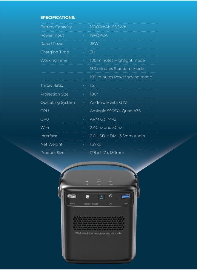 Powerology - Starbeam 100" Google DLP Projector Full HD / Projector DLP Haute Resolution / Android 9 with Official Google TV Operating System / Laser Auto-Focus / Versatile 3D Playback - Black - Image 1