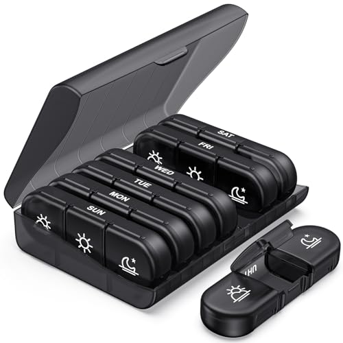 PULIV Weekly Pill Organizer 3 Times a Day, Portable Travel Pill Box 7 Day with Large Pill Containers, Light-Proof Pill Case for Vitamins, Medication, Supplements and Fish Oils (Black) - Image 1