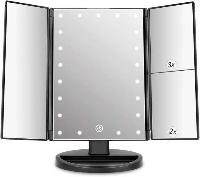TABLETOP MOUNT TRIFOLD LIGHTED VANITY MIRROR WITH 21 LED LIGHTS, TOUCH SCREEN AND 3X/2X/1X MAGNIFICATION, TWO POWER SUPPLY MODE MAKE UP MIRROR,TRAVEL MIRROR