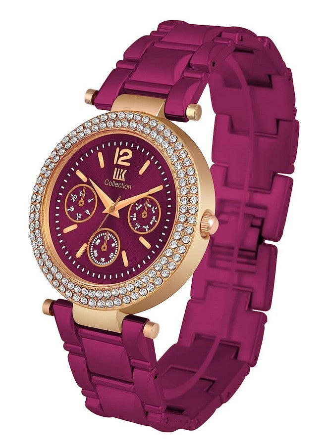IIK COLLECTION Watches for Women Magenta Dial and Band Stainless Steel Analogue Chain & Diamond Studded Dial Ladies Watch - Water Resistant Womens Watches - Image 5