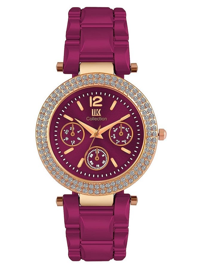 IIK COLLECTION Watches for Women Magenta Dial and Band Stainless Steel Analogue Chain & Diamond Studded Dial Ladies Watch - Water Resistant Womens Watches - Image 1