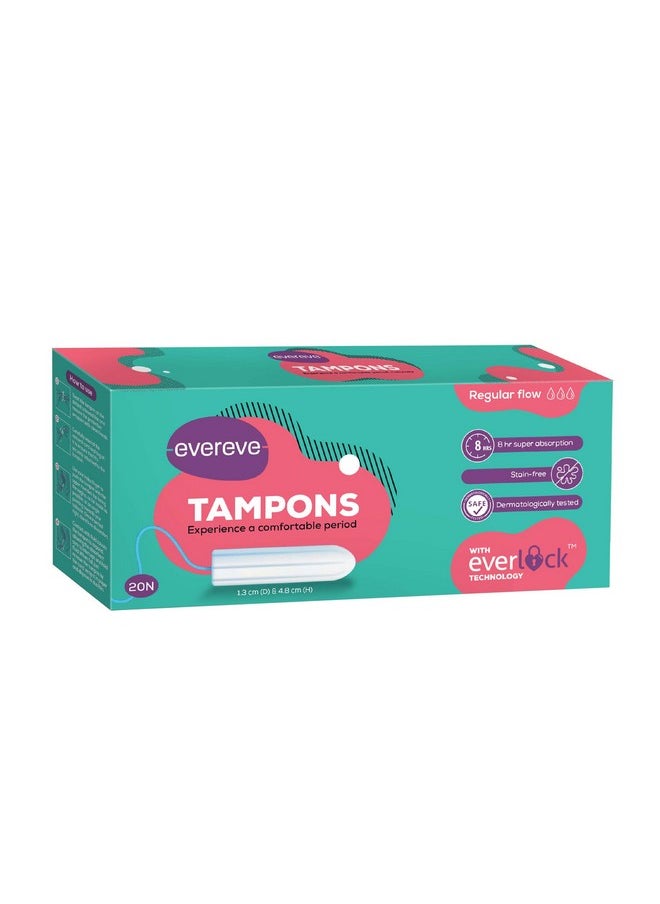 Evereve Tampons, For Regular Menstrual Flow, 20 Pcs, Super Absorption, Safe, Soft & Comfortable, Stain-Free Periods, Rash-Free, Prevents Odour, Fda Approved, Biodegradable  - Image 1