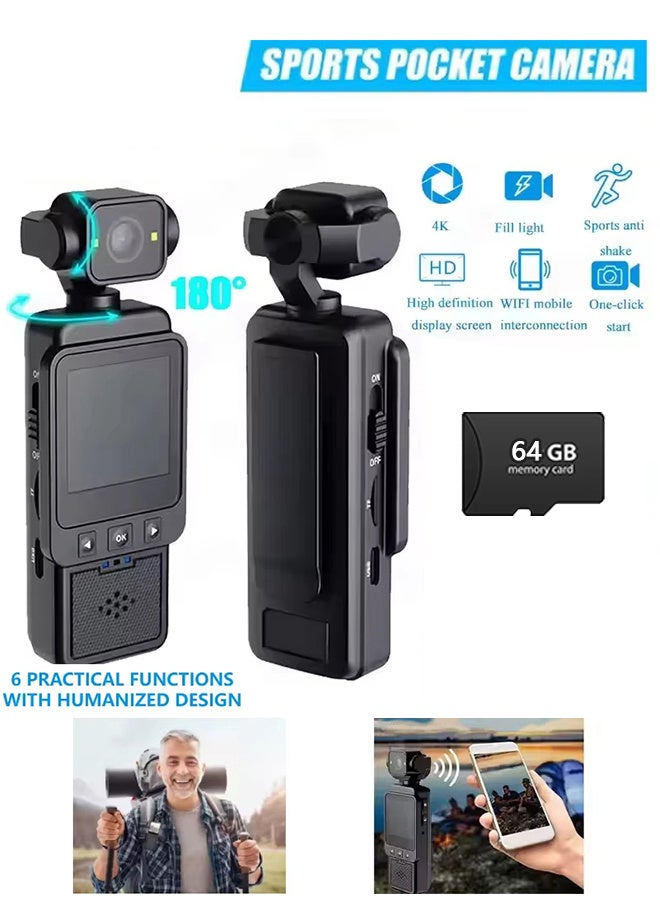 FHD 1080P WiFi Outdoor Sports Digital Video Camera, Portable Mini DV Law Enforcement Recorder 360 Degree Rotating Lens, 64GB Card Included, for Travel and Hiking - Image 1