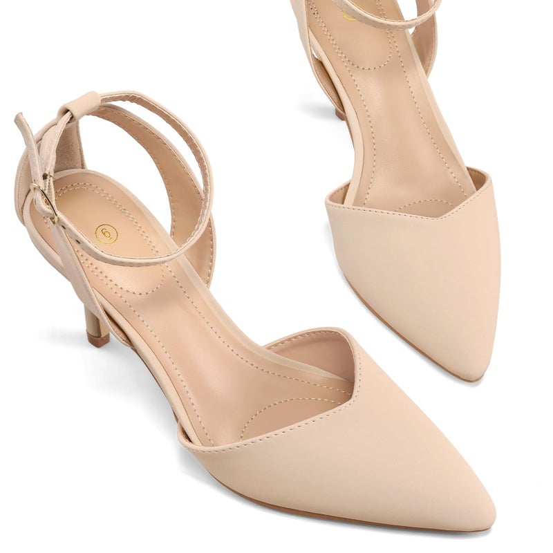 mysoft Women's Pumps Shoes Pointed Toe Kitten Low Heels Stiletto Ankle Strap Closed Toe Wedding Party Dress Sandals Nude Nubuck - Image 5