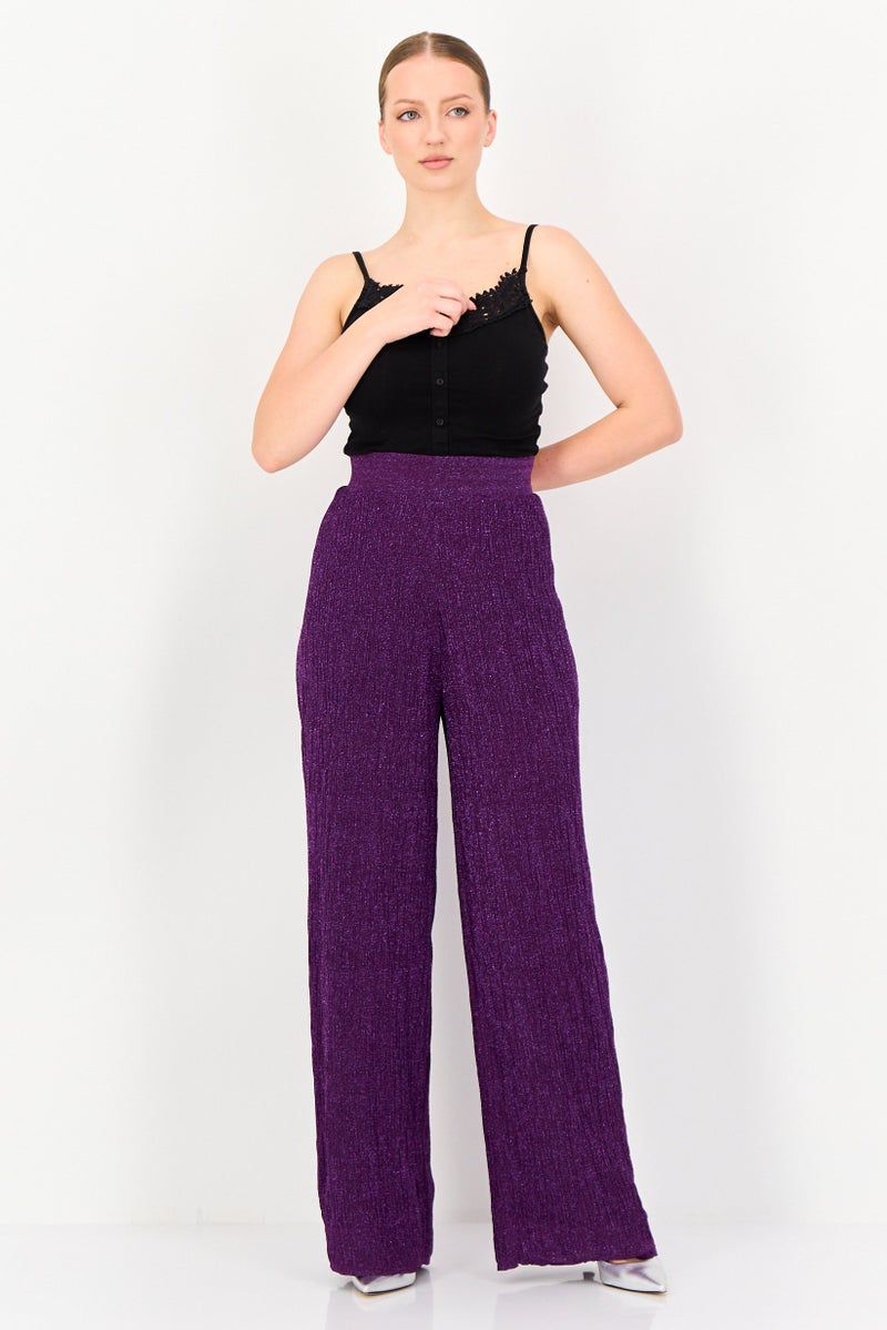 promod Women Regular Fit Textured Wide Legs Pants, Purple - Image 4
