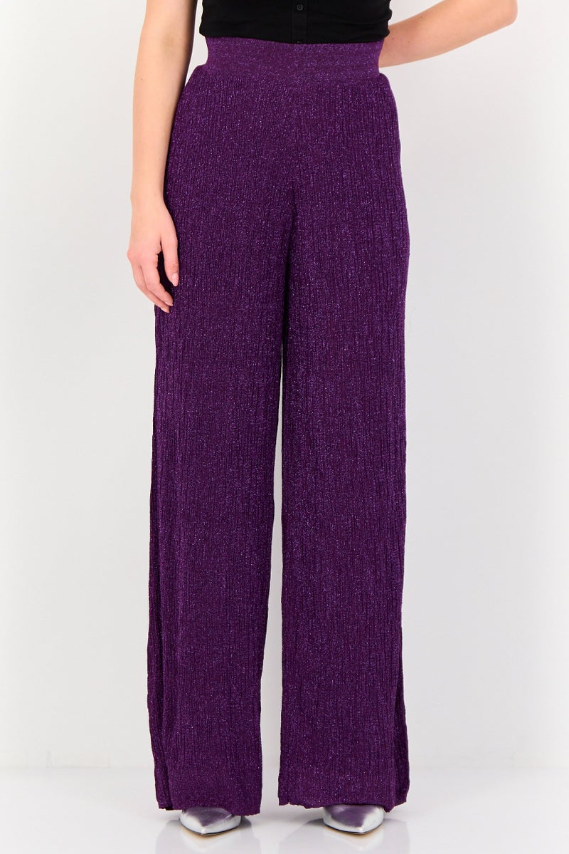 promod Women Regular Fit Textured Wide Legs Pants, Purple - Image 1