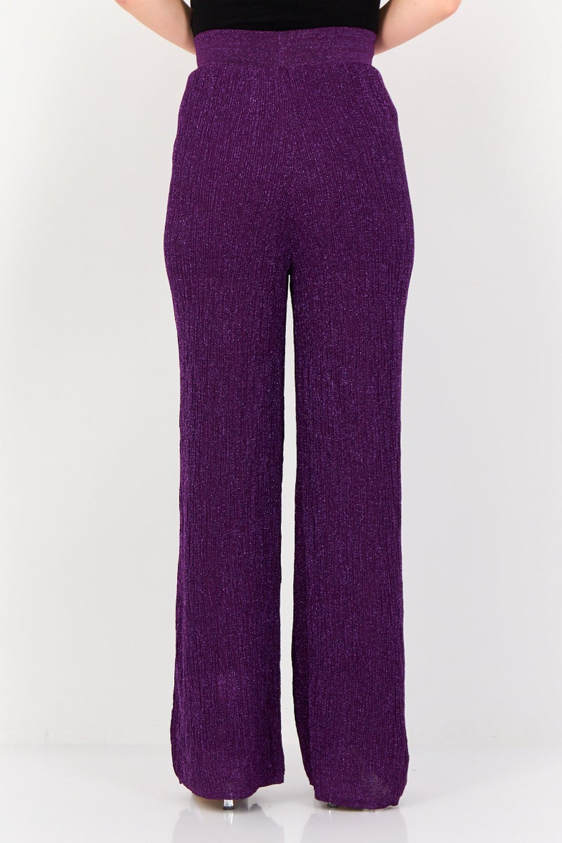 promod Women Regular Fit Textured Wide Legs Pants, Purple - Image 3