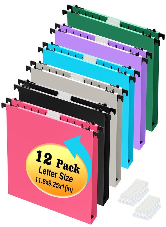 Shutex Extra Capacity Plastic Hanging File Folders,12 Pack Reinforced Hang Folder,Heavy Duty 1 Inch Expansion,Filing Cabinet Folders Letter Size for Bulk Files/Medical Charts (Assorted Colors) - Image 1