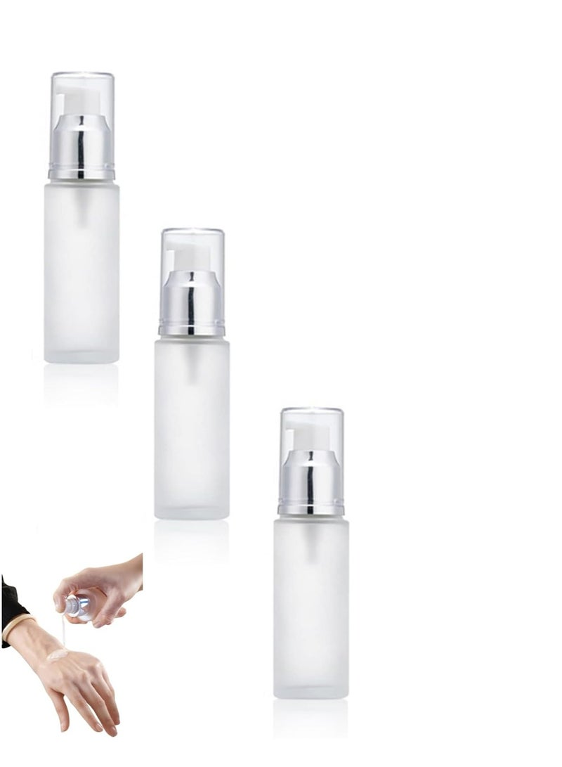 Oasisgalore 3 Pcs 30ml Refillable Frosted Glass Cosmetic Bottles with Pump Dispenser, Clear Vials for Travel Toiletries  - Image 1