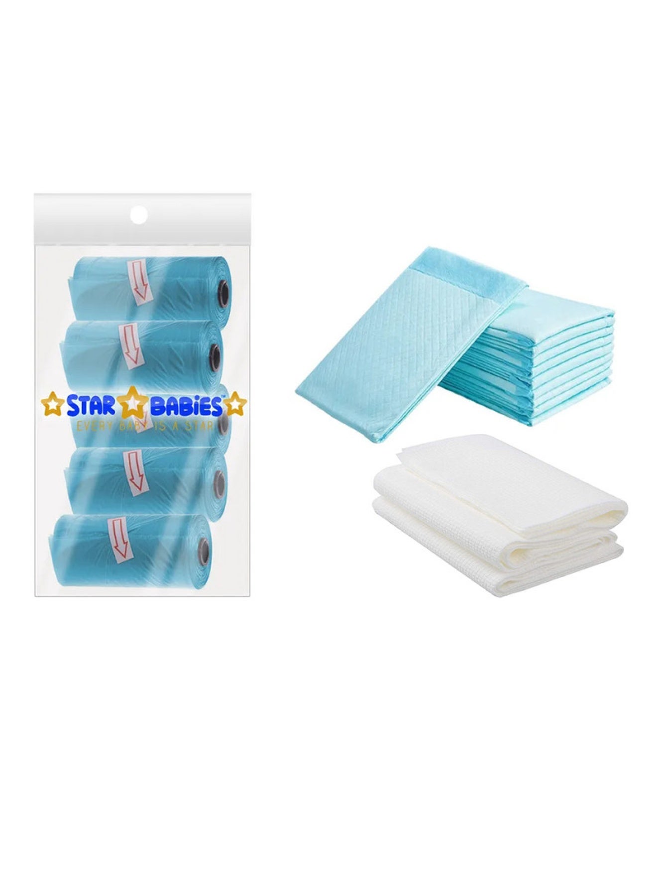 STAR BABiES Combo Pack Pack Disposable Changing Mat 10Pcs Disposable Towel 3Pcs Bibs 10Pcs-Blue