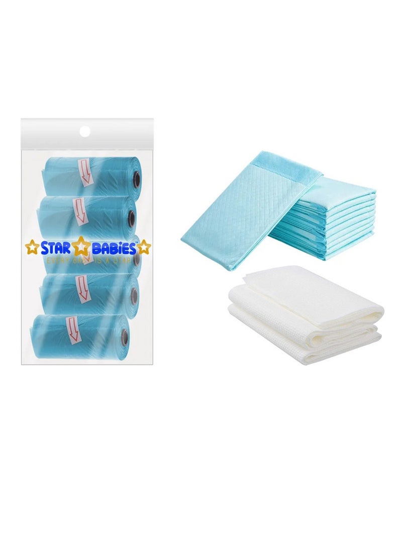 STAR BABiES Combo Pack Pack Disposable Changing Mat 10Pcs Disposable Towel 3Pcs Bibs 10Pcs-Blue  - Image 1