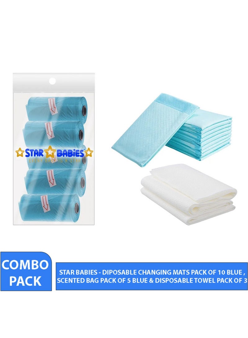 STAR BABiES Combo Pack Pack Disposable Changing Mat 10Pcs Disposable Towel 3Pcs Bibs 10Pcs-Blue  - Image 2