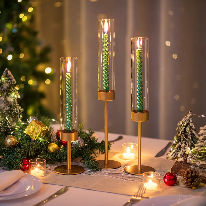 Romadedi Glass Hurricane Candlestick Holders Gold - Romadedi Taper Candle Holder Tall Clear Glass Cylinder Table Centerpiece Wedding Decor Party Birthday Christmas Home Decorations Set of 3 - Image 4