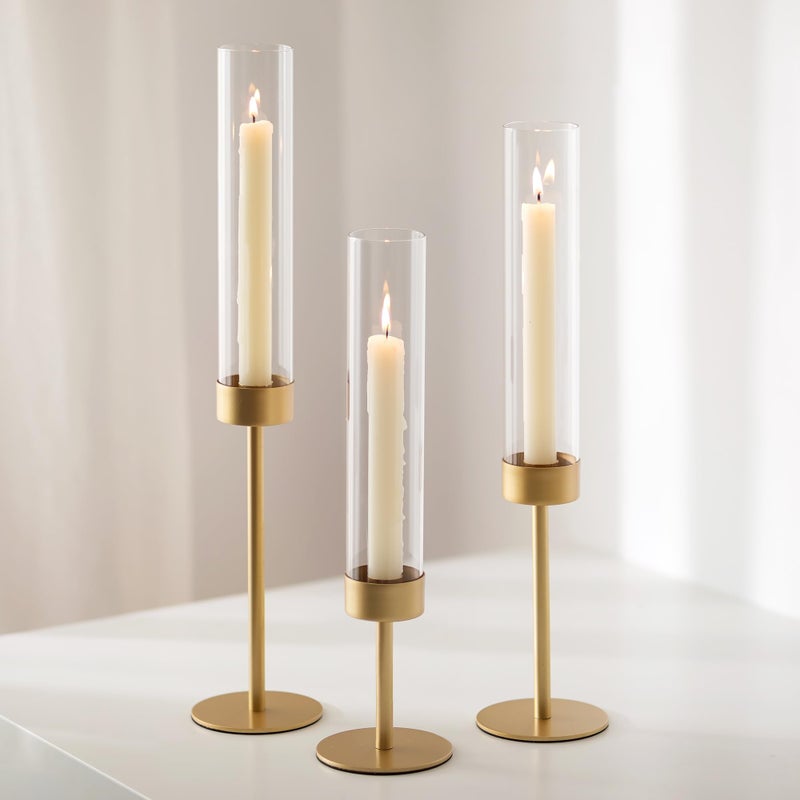 Romadedi Glass Hurricane Candlestick Holders Gold - Romadedi Taper Candle Holder Tall Clear Glass Cylinder Table Centerpiece Wedding Decor Party Birthday Christmas Home Decorations Set of 3 - Image 1
