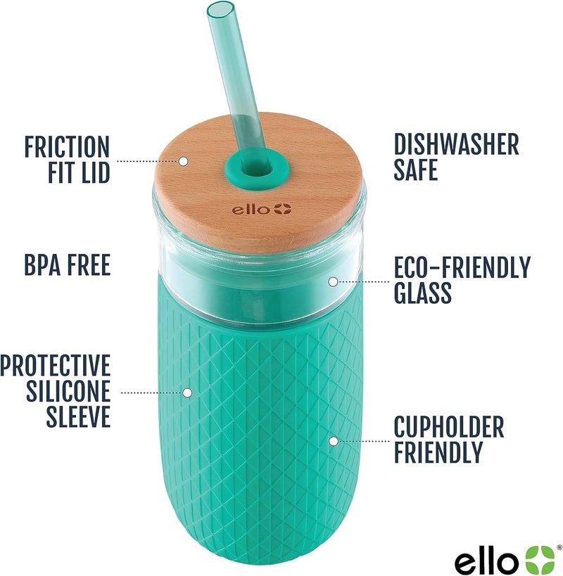 Ello Devon 18oz Glass Tumbler with Straw, Friction Fit Bamboo Wood Lid and Silicone Sleeve | Perfect for Iced Coffee, Tea, Matcha and Smoothies - Image 1