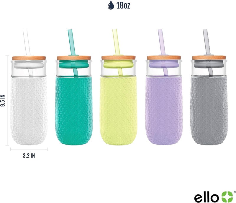 Ello Devon 18oz Glass Tumbler with Straw, Friction Fit Bamboo Wood Lid and Silicone Sleeve | Perfect for Iced Coffee, Tea, Matcha and Smoothies - Image 2
