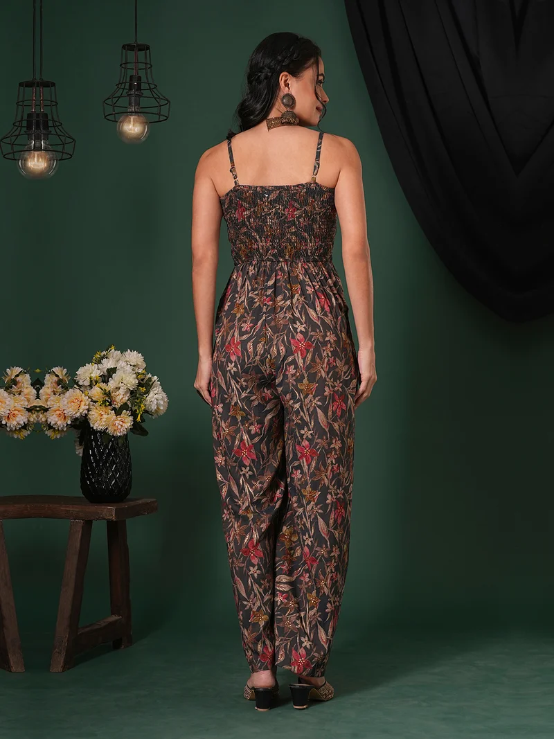 globus Women Square Neck Adjustable Strappy Shoulder Smocked Floral Print Fusion Jumpsuit