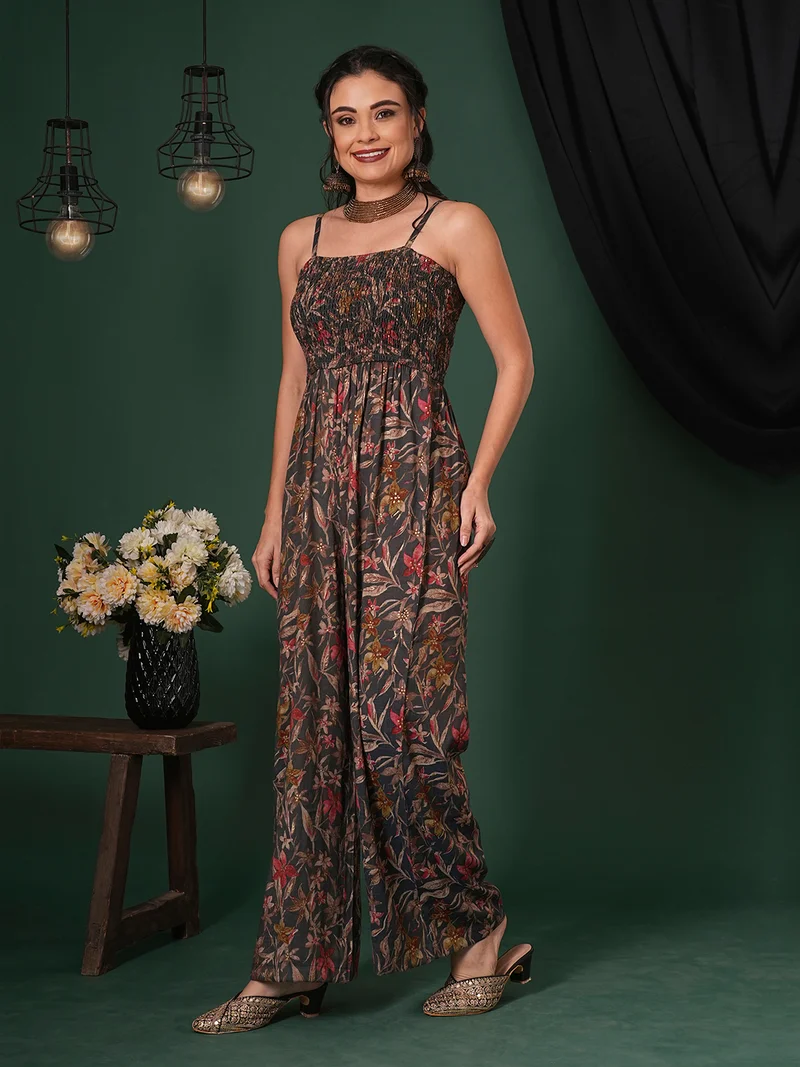 globus Women Square Neck Adjustable Strappy Shoulder Smocked Floral Print Fusion Jumpsuit