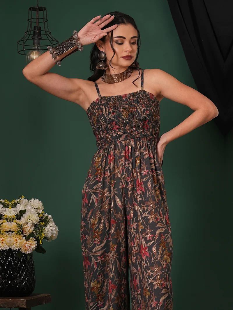 globus Women Square Neck Adjustable Strappy Shoulder Smocked Floral Print Fusion Jumpsuit