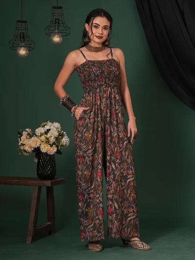 globus Women Square Neck Adjustable Strappy Shoulder Smocked Floral Print Fusion Jumpsuit
