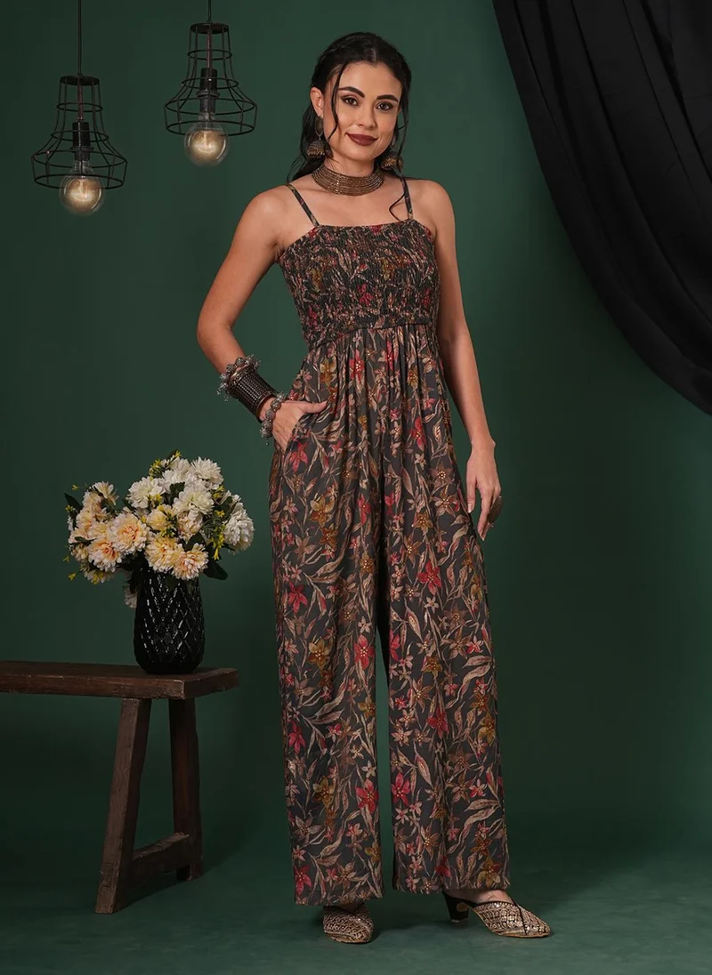 Globus Women Square Neck Adjustable Strappy Shoulder Smocked Floral Print Fusion Jumpsuit