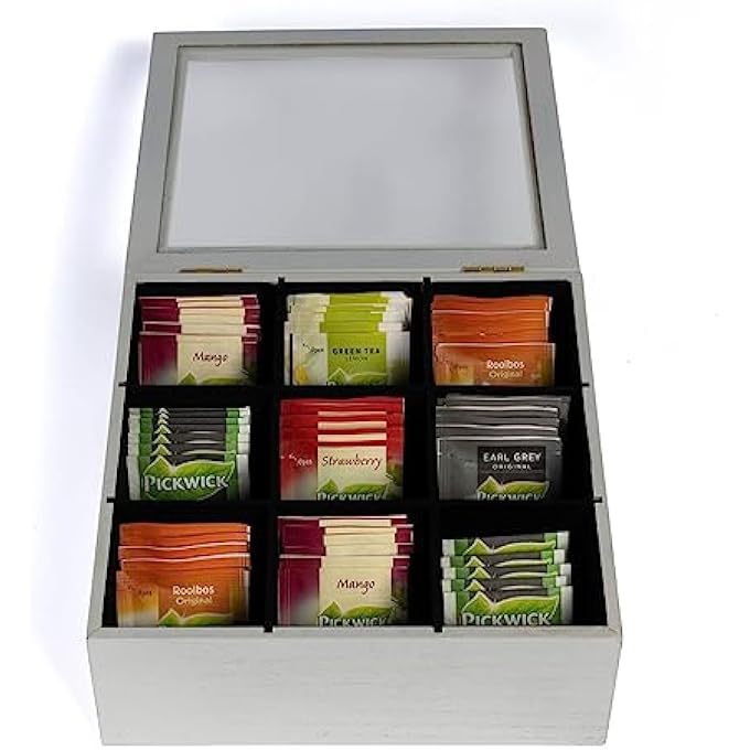 هيت صندوق تخزين خشبي من 9 قطع للشاي والقهوة مع مخمل مقاس 23 × 23 × 9 أبيض - Image 4