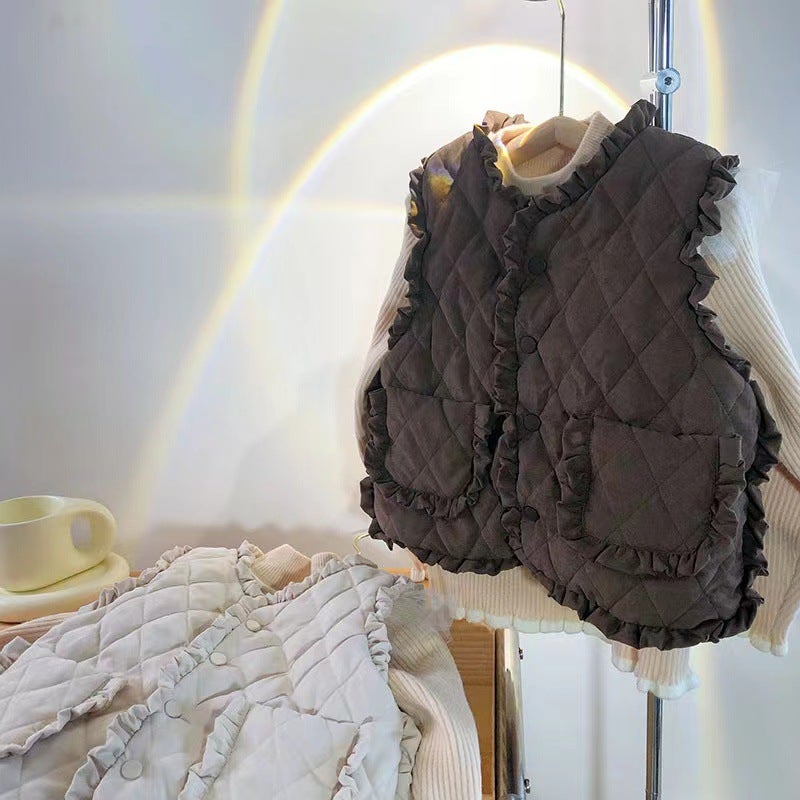 Girls Sweet Lace Padded Vest Autumn Winter Warm Loose Korean Coffee vest (plus Velvet) 