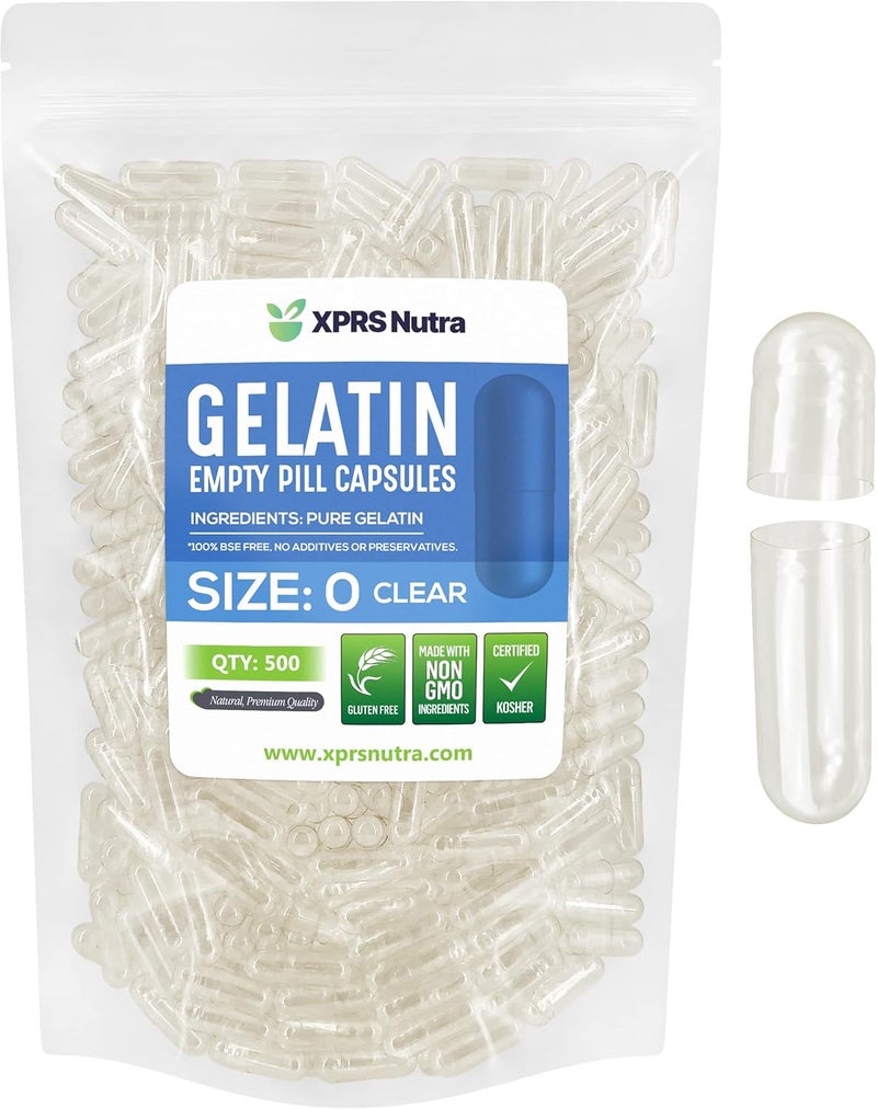 XPRS Nutra Size 0 Empty Capsules - 500 Count Clear Empty Gelatin Capsules - Empty Pill Capsules for DIY Capsule Filling - Pure Bovine Pill Capsules Empty Gel