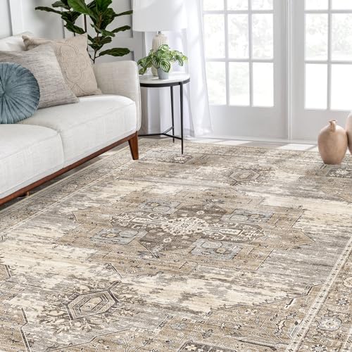RUUGME Washable 5x7 Area Rugs - Large Rugs for Living Room Stain Resistant Carpet Vintage Rugs for Bedroom with Non Slip Backing Home Decor Floor Decoration Mat (5x7 Beige) - Image 1
