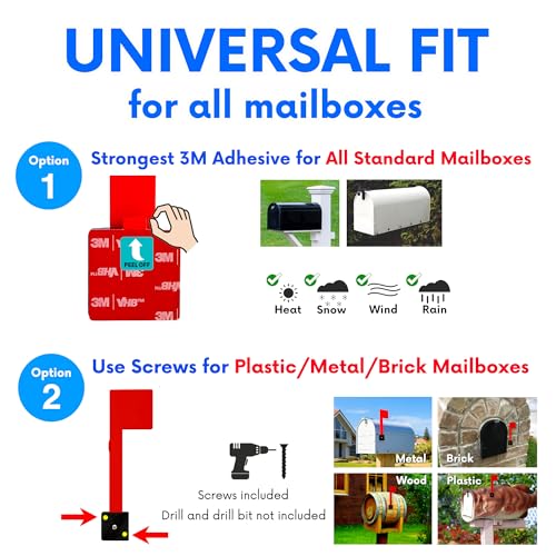 MCCHJoy No Tools Needed Weather-Proof Mailbox Flag Replacement (Pack of 2) Strong Adhesive or Screws Red Flag for Mailboxes Outside – Two Installation Options - Image 3