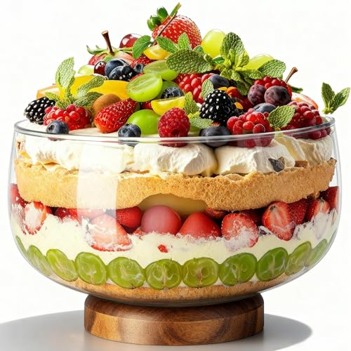 NiHome 203oz Extra Large Glass Trifle Bowl with Acacia Wood Stand Serving Dish for Cakes Salads Desserts Stylish Display for Parties Weddings Special Occasions Durable Easy to Clean - Image 1